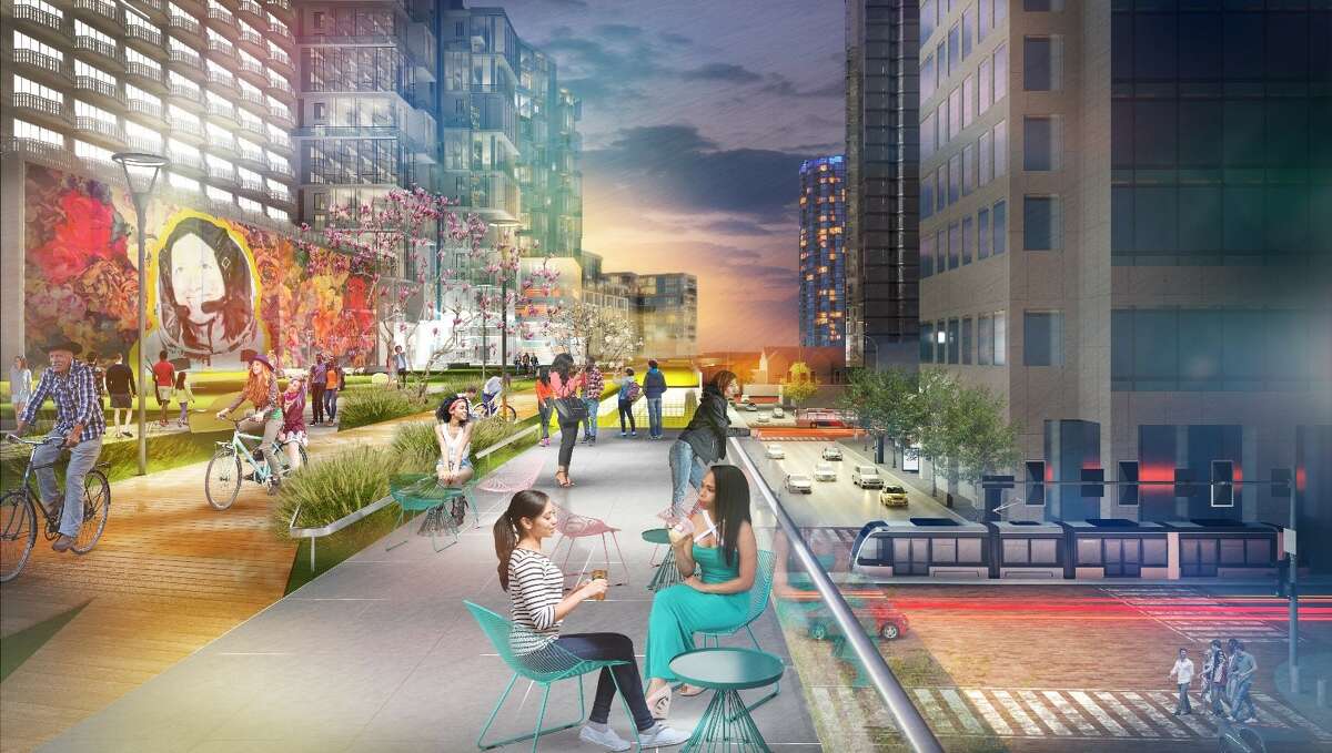 A rendering of what amenities could look like on Pierce Elevated if it were to be converted into an elevated sky park, a proposal that is gaining more traction as Texas Department of Transportation is inching closer to moving forward with its massive overhaul of Interstate. The rendering shows Pierce Elevated with a view of the METRO Transit Center in south downtown.