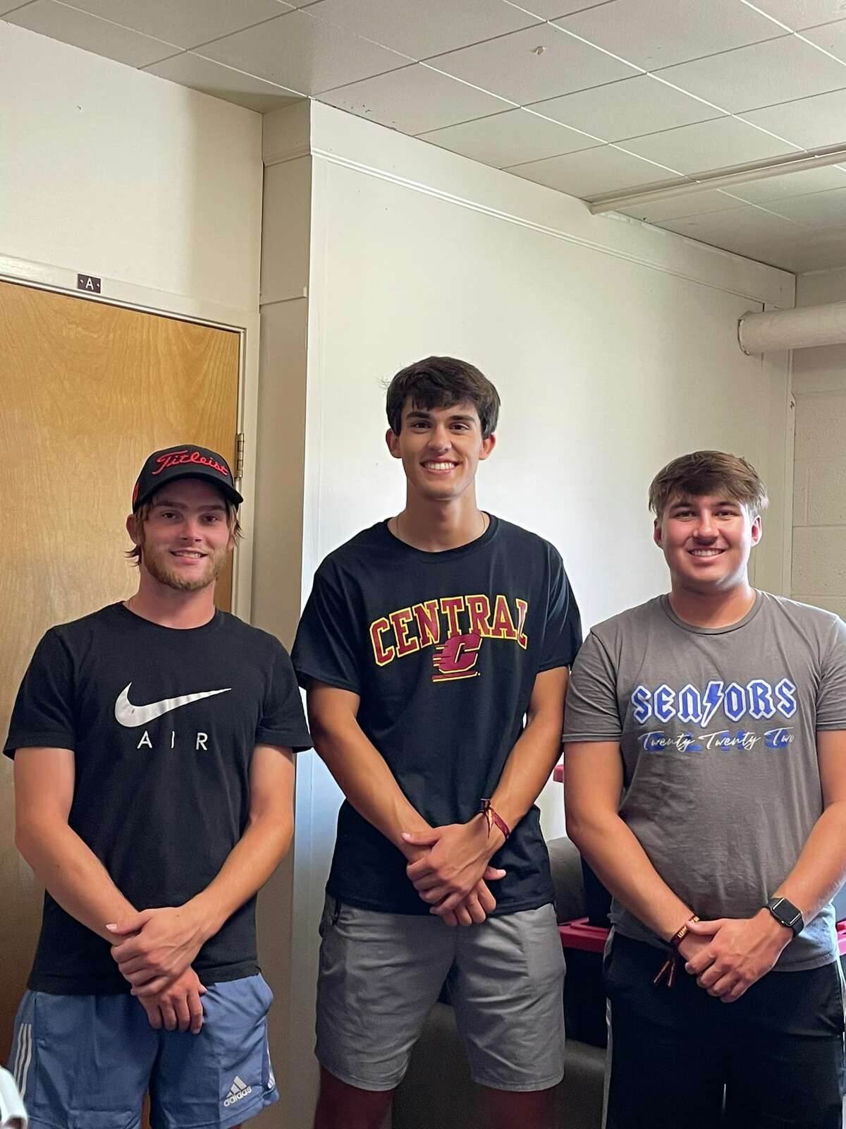 Bad Axe graduate Aaron Sowles, Laker graduate Dylan Wehner, and Croswell-Lexington graduate Peyton Edwards (right) currently are roommates at Central Michigan University.