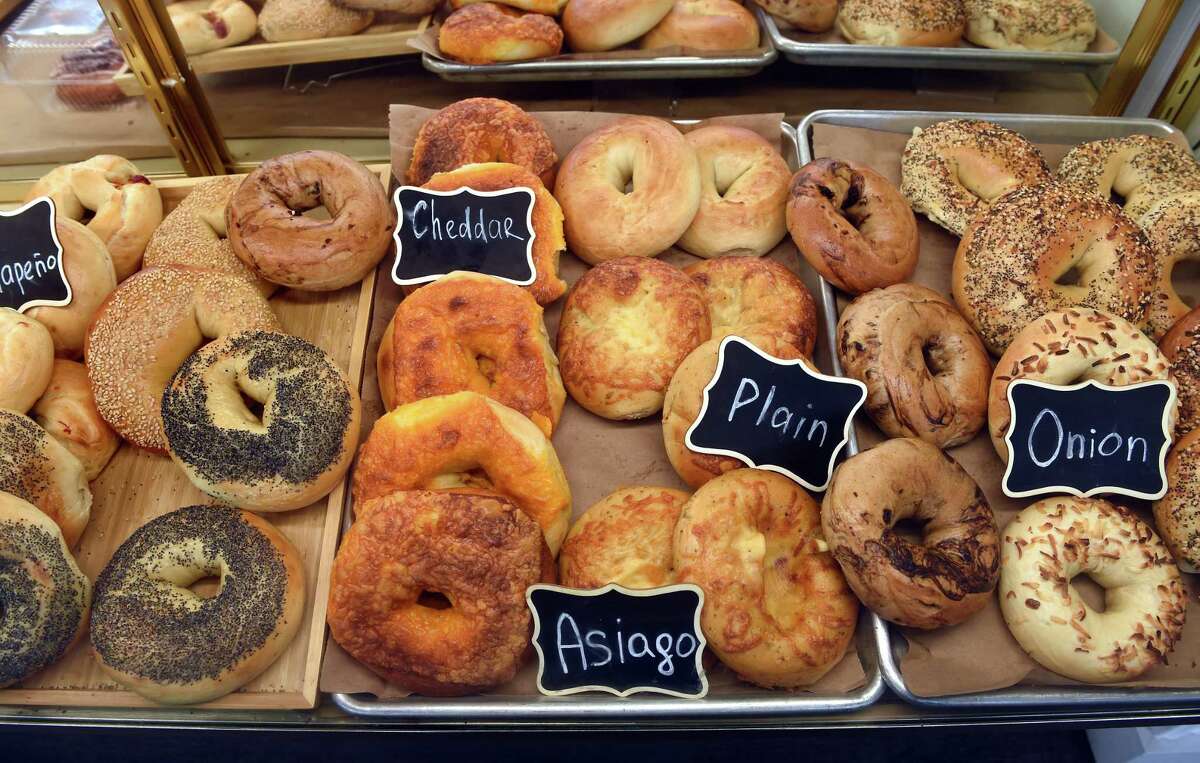 A selection of bagels from Cohen's Bagel Co. displayed at the new location of Branford Beach Donut at 267 East Main Street in Branford.