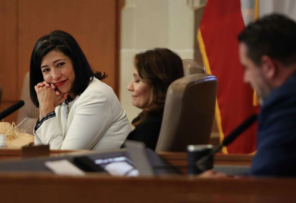 District 7 Councilwoman Ana Sandoval reacts as City Manager Erik Walsh offers his congratulations to her as Sandoval attends her last council session and resigns her seat on Thursday, Jan. 26, 2023. Sandoval served five-and-half years for her district.