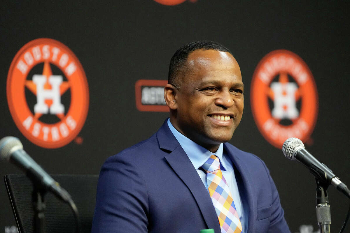 Dana Brown smiles during a news conference after being hired as the Houston Astros general manager Thursday, Jan. 26, 2023, in Houston.