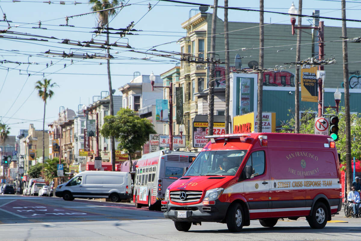 A mobile Street Crisis Response Team van arrives to check in with a homeless man in distress and assess his needs near the corner of 16th and Mission streets on May 11, 2021 after receiving a 911 call from a passerby for a wellness check on the unhoused person.