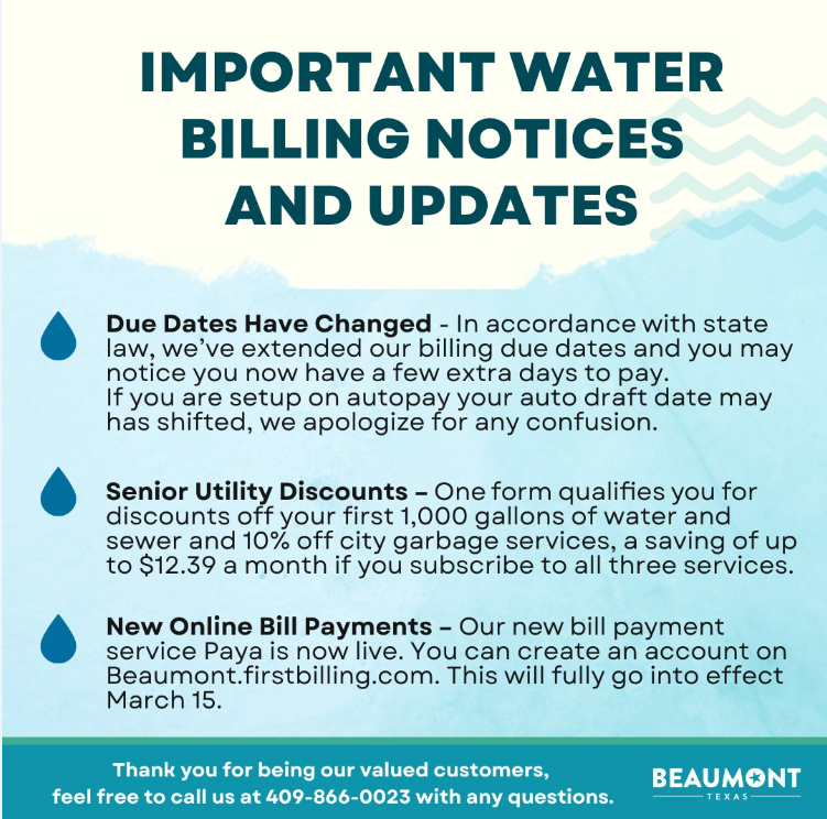 Beaumont s water billing changes in accordance with state law