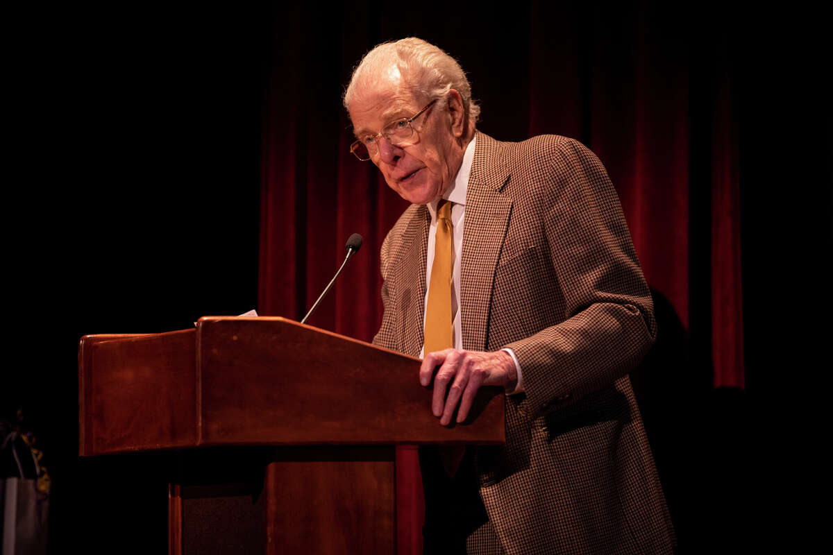 William Kennedy speaks at an event celebrating the 40th anniversary of the New York State Writers Institute, held Jan. 19 in Recital Hall at the state University at Albany. The novelist and journalist turned 95 on Jan. 16. 