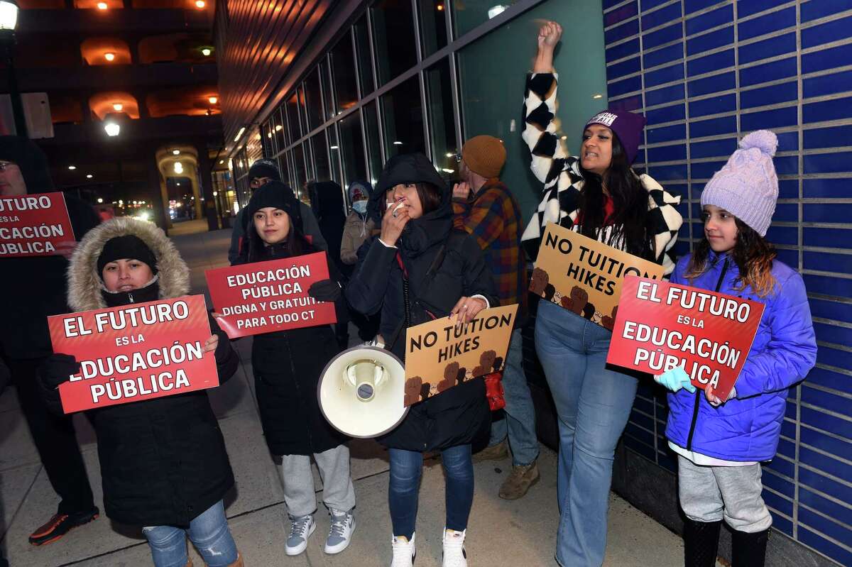 A protest to oppose proposed increases in tuition and fees for Connecticut State Universities is held outside of Gateway Community College in New Haven on January 26, 2023.