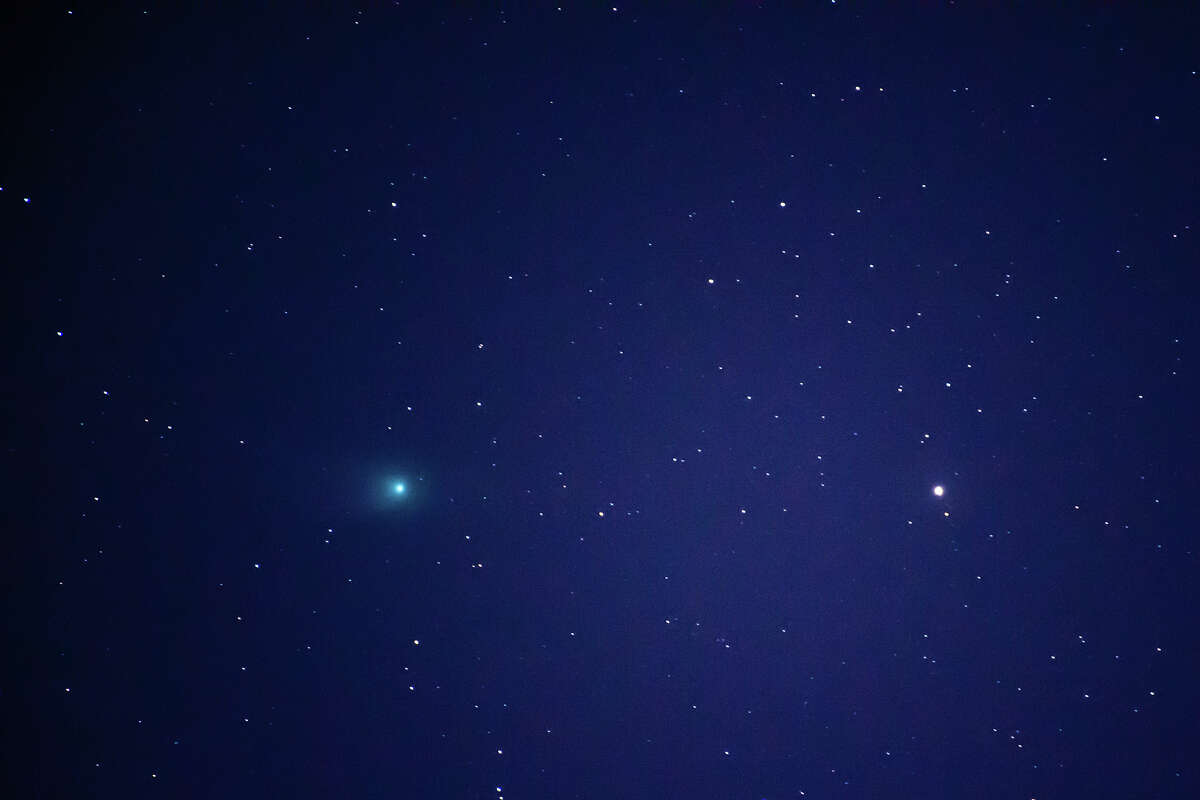 Comet C/2022 E3 (ZTF) in the sky of Molfetta, Italy, before sunrise around 6 a.m. on Jan. 24, 2023. It last passed Earth 50,000 years ago, when Neanderthals still lived in our latitudes. The comet was discovered in early March 2022 and was initially thought to be an asteroid. 