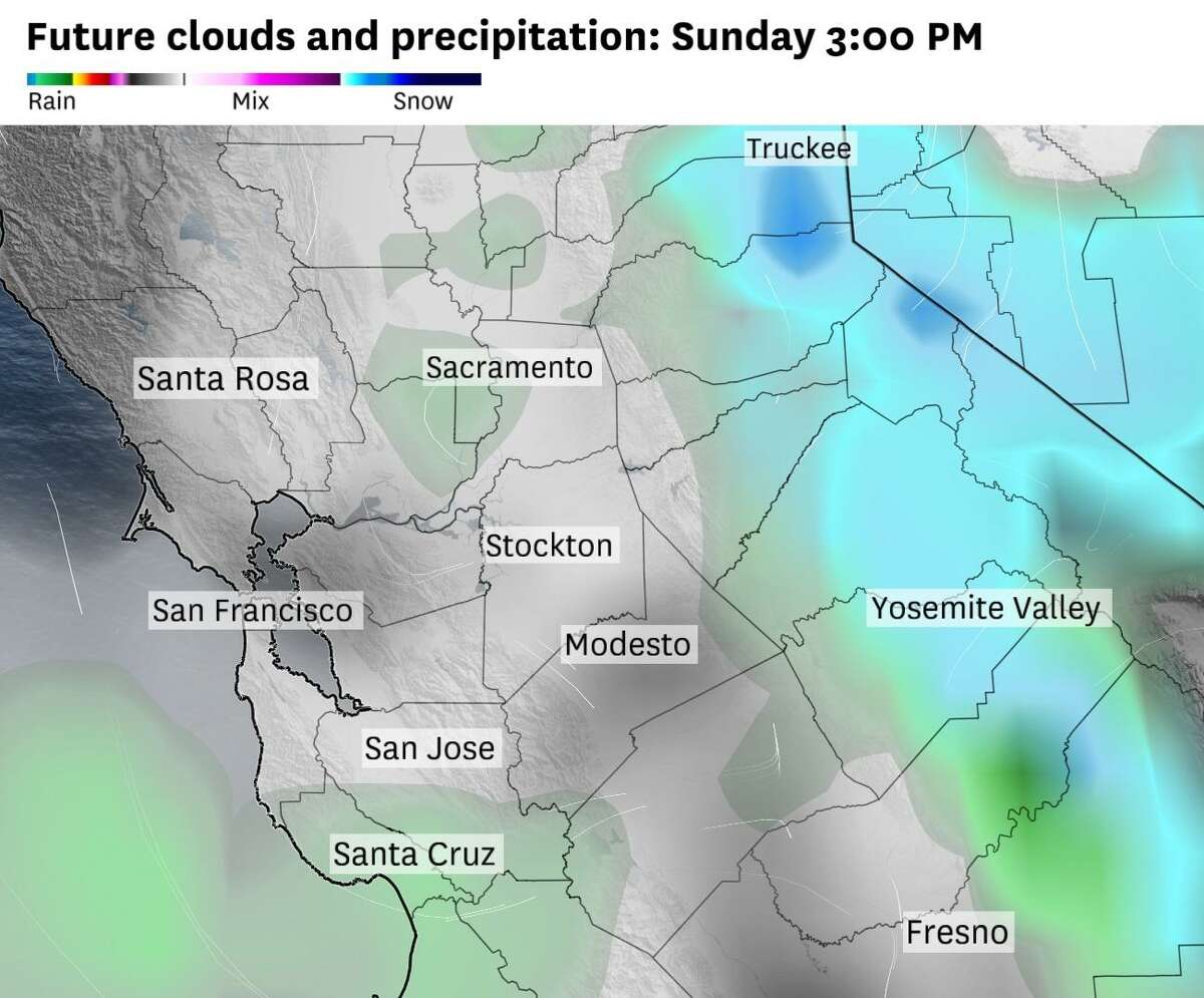 美国天气模型的投影在周日下午的雨淋浴在湾区,萨克拉门托山谷,圣克鲁斯山脉和内华达山脉的丘陵地带,与雪淋浴可能在峰会奥本之间的山脉和i - 80和雷诺。登录必赢亚洲