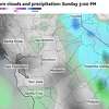 The American weather model’s projection for Sunday afternoon’s rain showers across the Bay Area, Sacramento Valley, Santa Cruz Mountains and the foothills of the Sierra Nevada, with snow showers possible at the summits of the Sierra and along I-80 between Auburn and Reno.