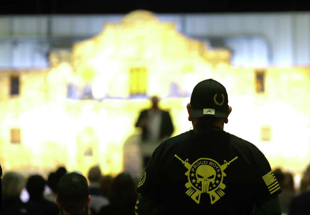 Members of The Proud Boys are seen during the “Rally Against Censorship” at the Lone Star Convention & Expo Center, Thursday, Jan. 26, 2023, in Conroe. The event, hosted by Conroe-based right wing book publisher Defiance Press & Publishing, featured 11 speakers and authors, including Kyle Rittenhouse. The 20-year-old Illinois native was acquitted of fatally shooting two men during protests in Kenosha, Wisc., in 2020.