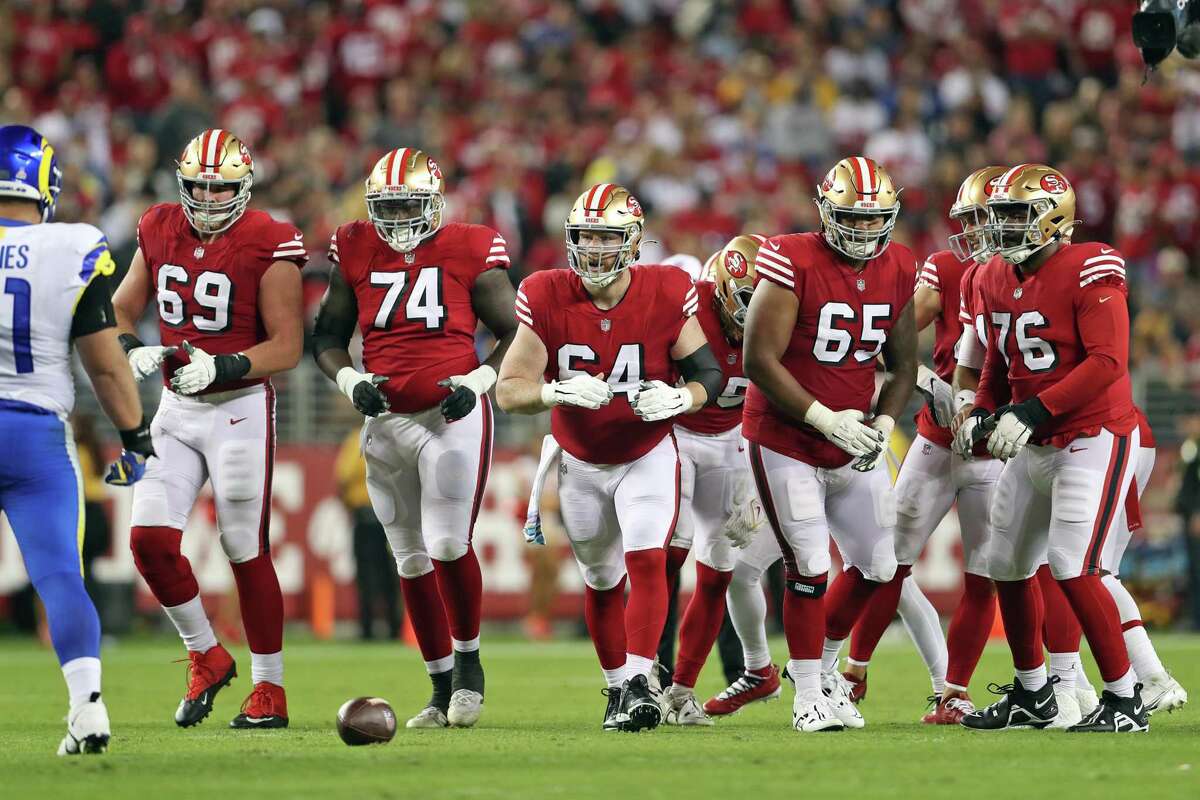 San Francisco 49ers’ offensive line- Mike McGlinchey (69), Spencer Burford (74), Jake Brendel (64), Aaron Banks (65) and Jaylon Moore (76) against Los Angeles Rams during Niners’ 24-9 win in NFL game at Levi’s Stadium in Santa Clara, Calif., on Monday, October 3, 2022.