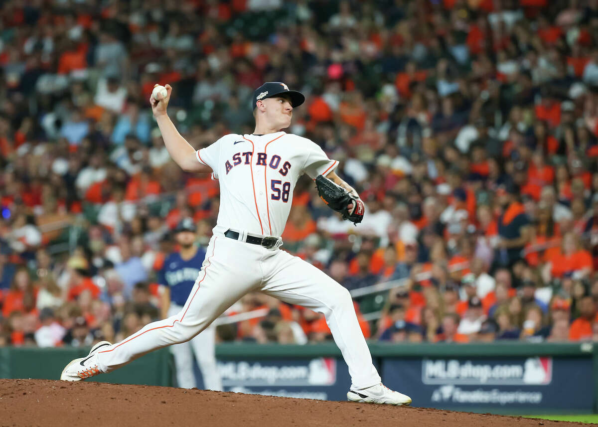 Houston Astros starting pitcher Hunter Brown (58) throws a pitch in the top of the eighth inning during the ALDS Game 1 between the Seattle Mariners and Houston Astros on October 11, 2022 at Minute Maid Park in Houston.