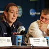 UConn's Breanna Stewart, left, answers a question as head coach Geno Auriemma listens, during a news conference at the NCAA Women's Final Four college basketball tournament, Monday, April 6, 2015, in Tampa, Fla.