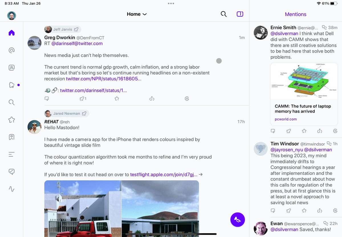 The Ivory app for Mastodon from Texas-based Tapbots, shown here on an iPad, makes the open-source social network much friendlier to refugees from the imploding Twitter. (Chronicle screenshot)
