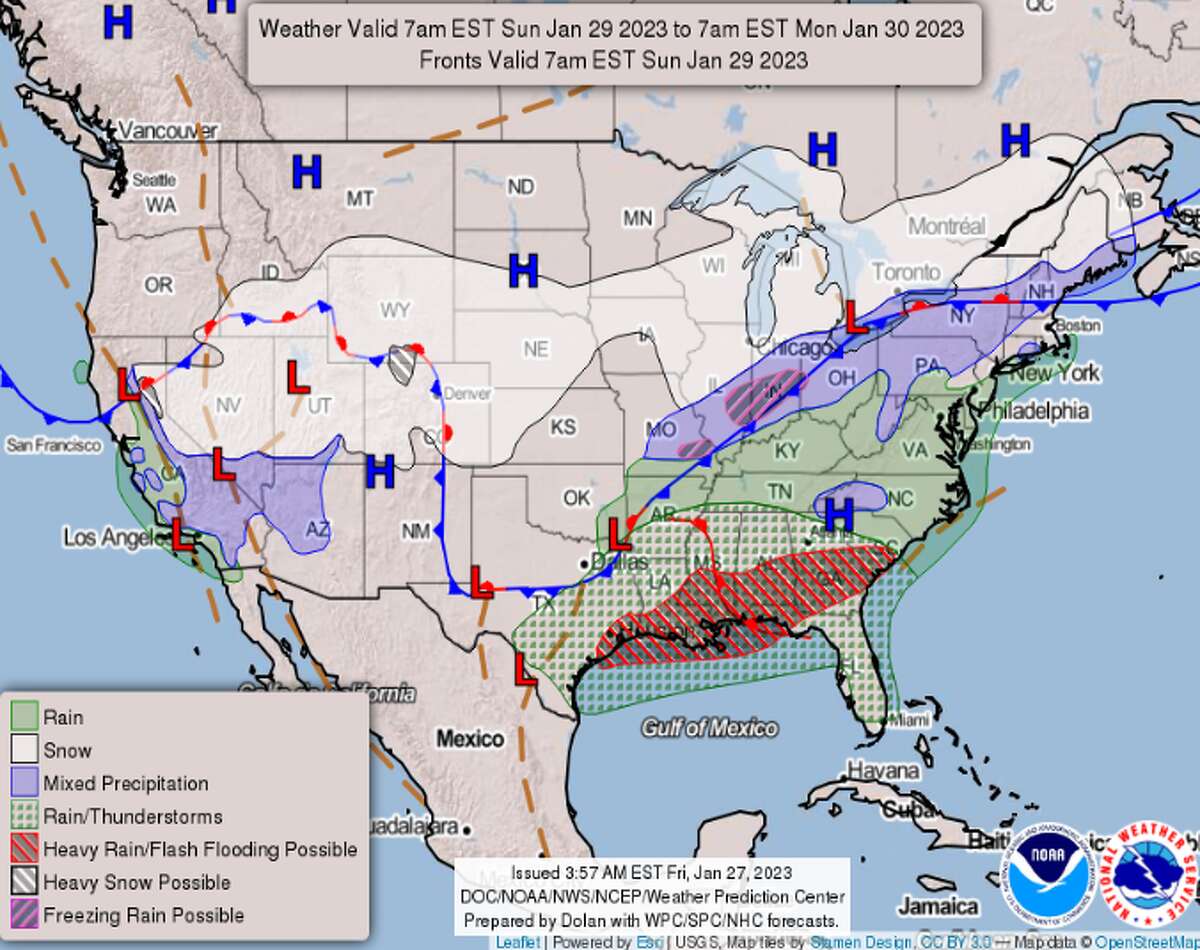 National Weather Service forecast across the United States for Jan. 29, 2023.