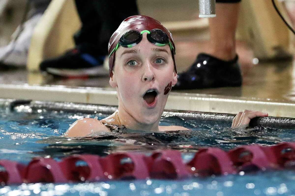 Sarah Culberson of Magnolia reacts after competing in the girls 200-yard individual medley during the District 21-5A Swimming & Diving Championships at the Michael D. Holland Aquatic Center Friday, Jan. 27, 2023, in Magnolia