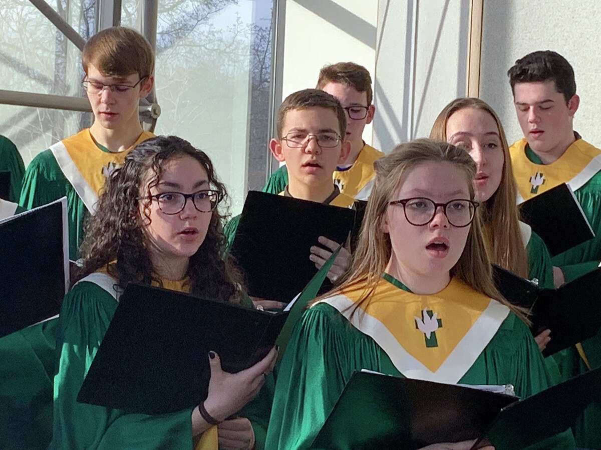 Metro-East Lutheran High School choir students visited the Lutheran Church Missouri Synod's International Center in St. Louis Tuesday to sing during a chapel service. 