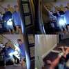 A grid of 4 green shots from body-camera footage captured within in less than one minute what happened after San Francisco police officers arrived at the Pacific Heights home of Nancy and Paul Pelosi just after 2 a.m. on Oct. 28, 2022.