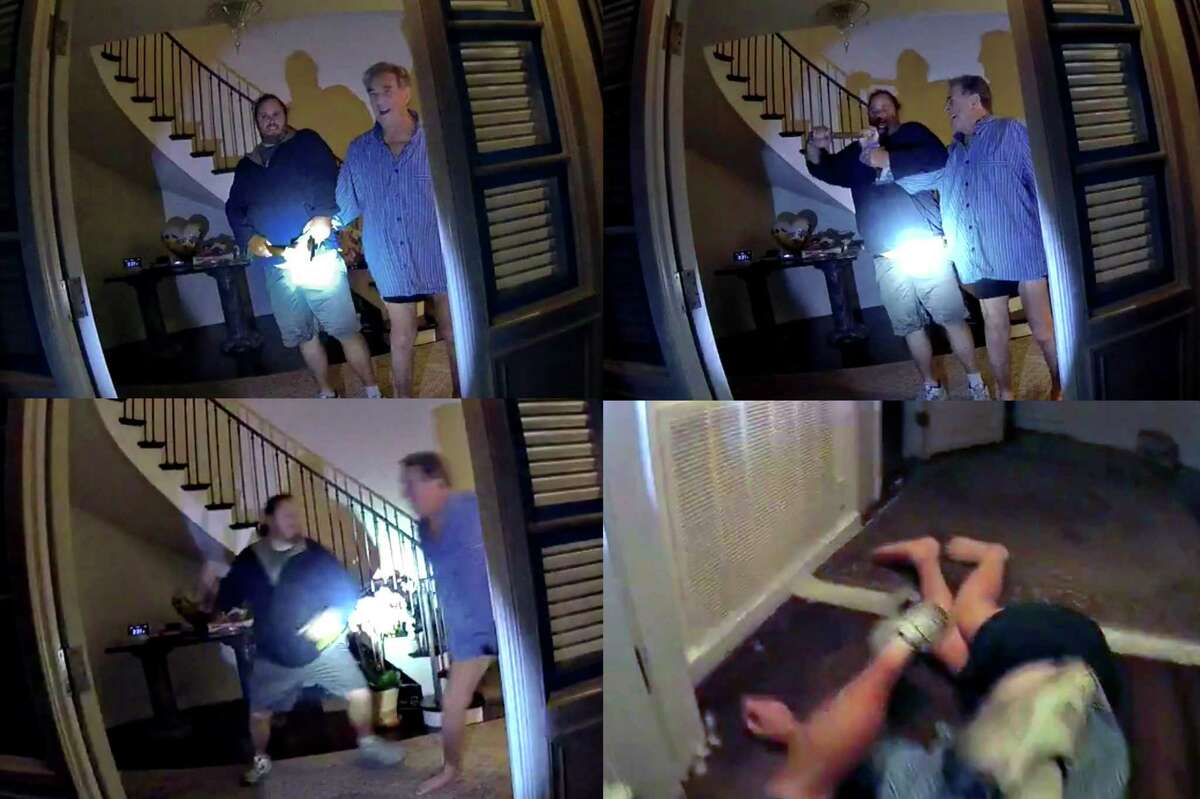 A grid of 4 screen shots from body-camera footage captured within in less than one minute what happened after San Francisco police officers arrived at the Pacific Heights home of Nancy and Paul Pelosi just after 2 a.m. on Oct. 28, 2022.