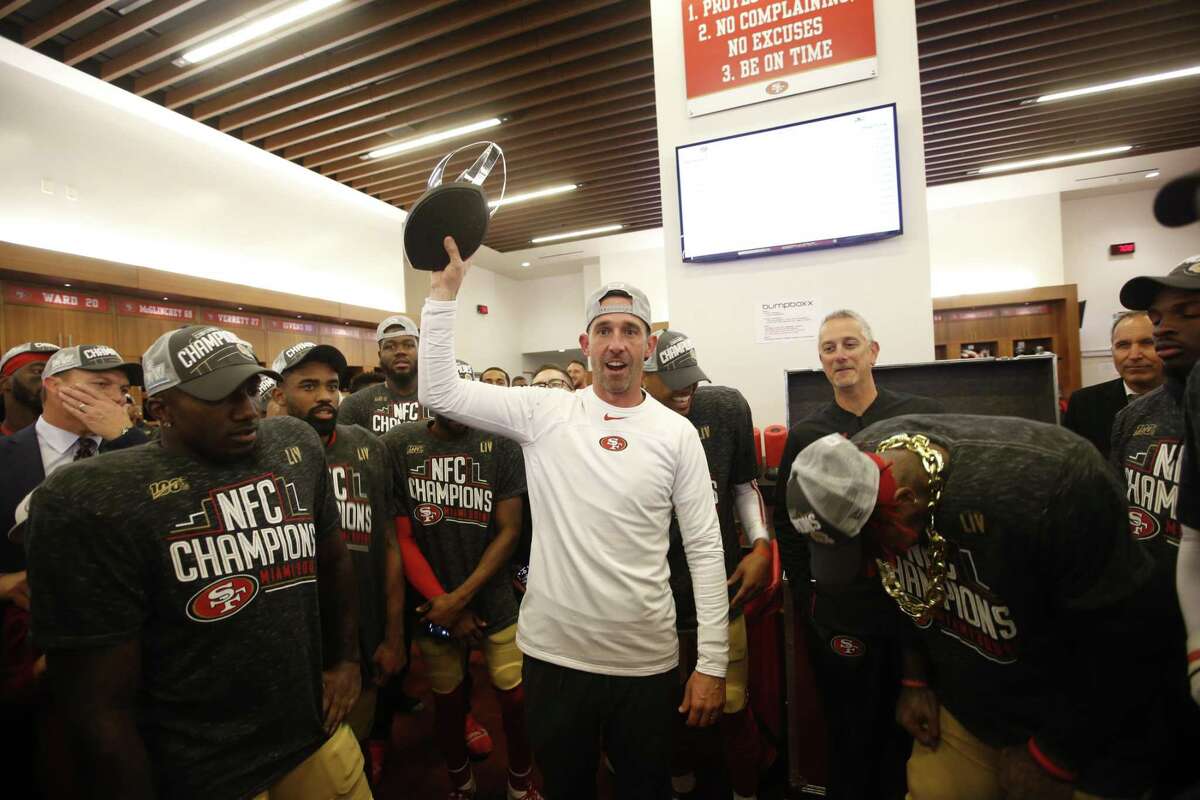 SANTA CLARA, CA - JANUARY 19: Head Coach Kyle Shanahan of the San Francisco 49ers addresses the team in the locker room following game against the Green Bay Packers at Levi's Stadium on January 19, 2020 in Santa Clara, California. The 49ers defeated the Packers 37-20. (Photo by Michael Zagaris/San Francisco 49ers/Getty Images)