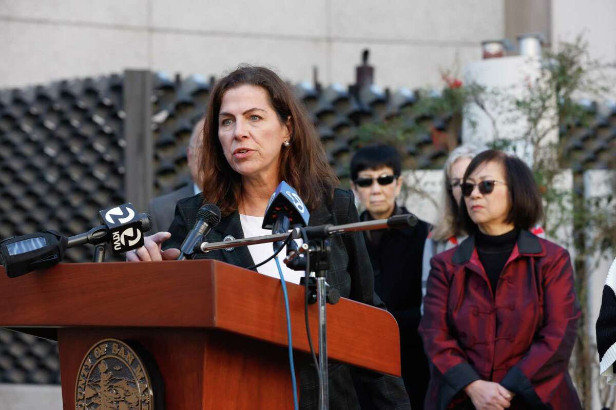 Assemblymember Diane Papan speaks during a press conference organized by the San Mateo chapter of Organization of Chinese Americans outside the Hall of Justice and Records on Friday, January 27, 2023 in Redwood City, Calif.
