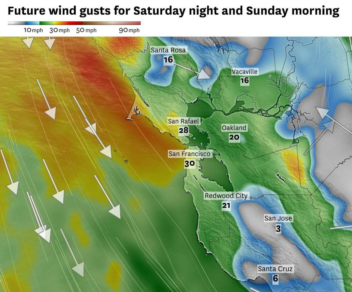 北美天气模型对周日晚上海湾地区阵风的预测。登录必赢亚洲最强的阵风——超过每小时50英里——将停留在海岸附近，但沿着海岸线和旧金山、奥克兰和伯克利的山坡可能会有25到35英里每小时的温和阵风。这种风将持续到周日早上。
