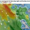 The North American weather model’s projection for Sunday night’s wind gusts across the Bay Area. The strongest gusts—over 50 mph—will stay off the coast, but moderate 25 to 35 mph gusts will be possible along the shoreline and in the hillsides of San Francisco, Oakland and Berkeley. These winds will carry over into Sunday morning.