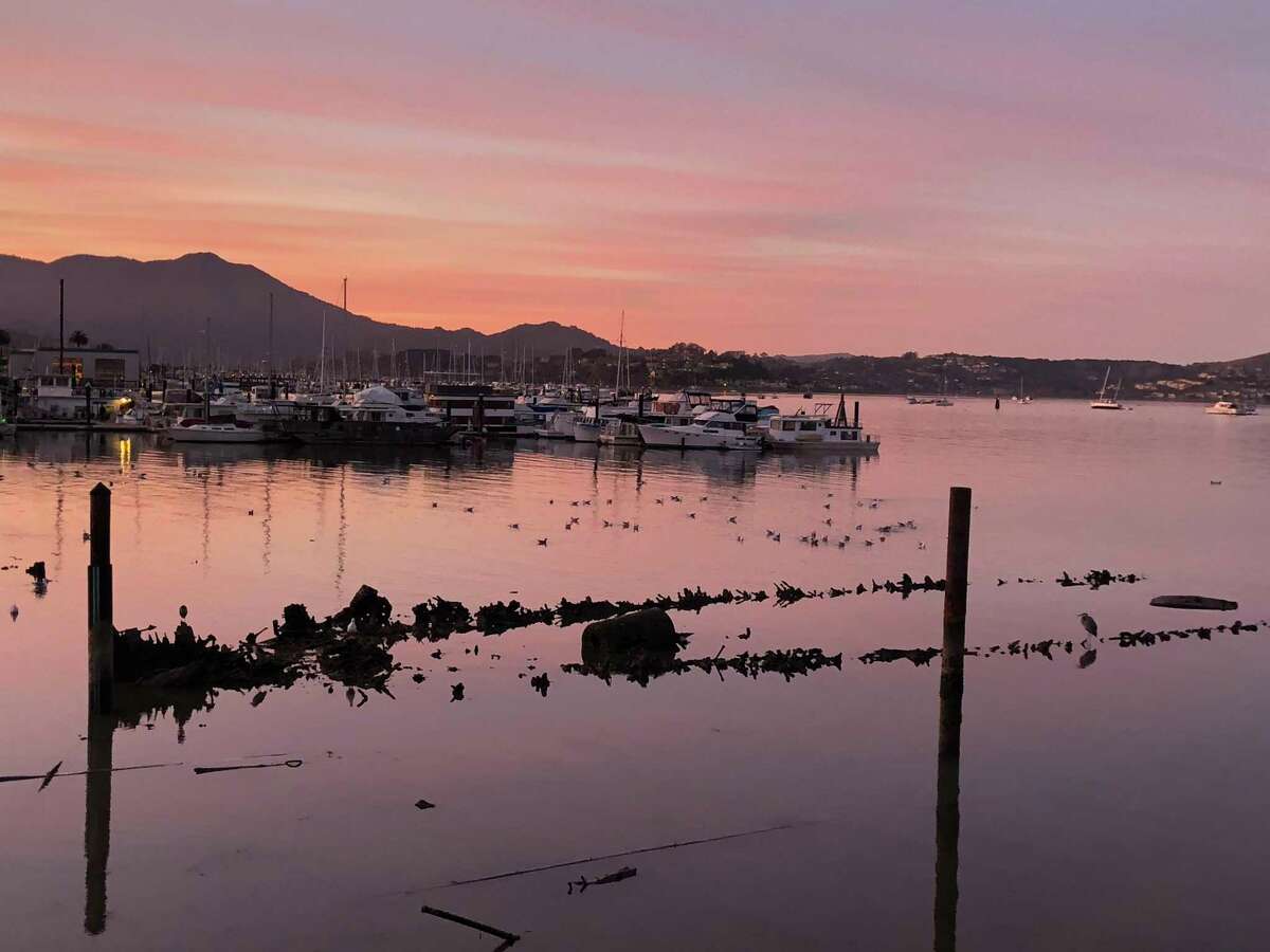 Against the backdrop of winter twilight, a mysterious sunken ship can be seen in the waters off Sausalito.