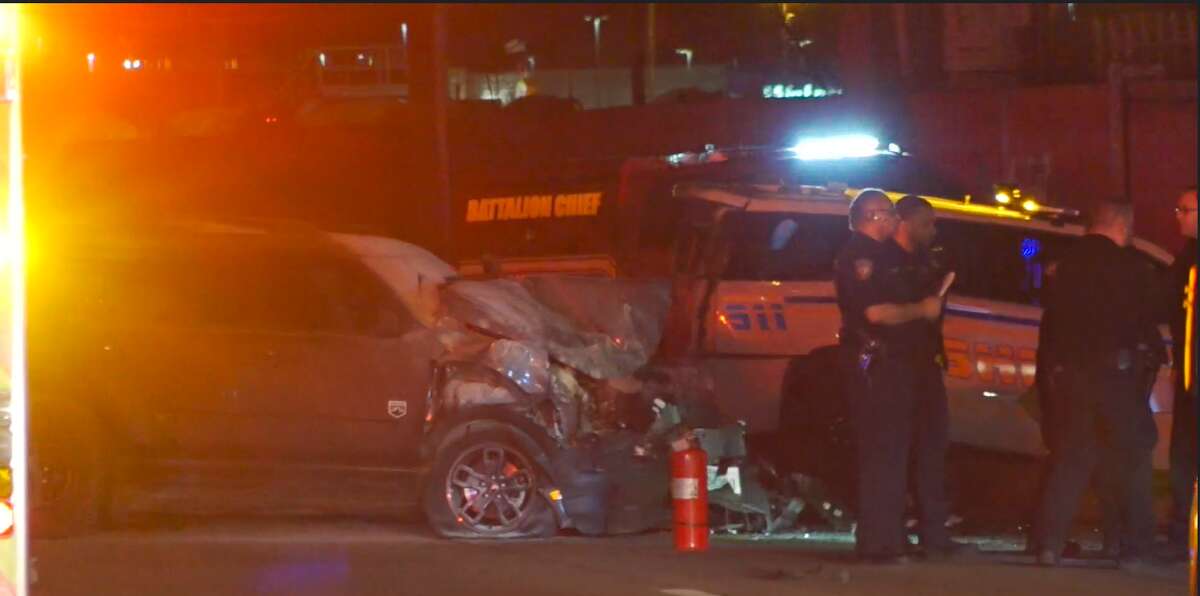 Harris County Sheriff’s Office deputies arrested two people after a woman hit a patrol car following a car chase involving a different driver around 2:16 a.m. near Will Clayton Parkway and U.S. 59 North in Montgomery County.
