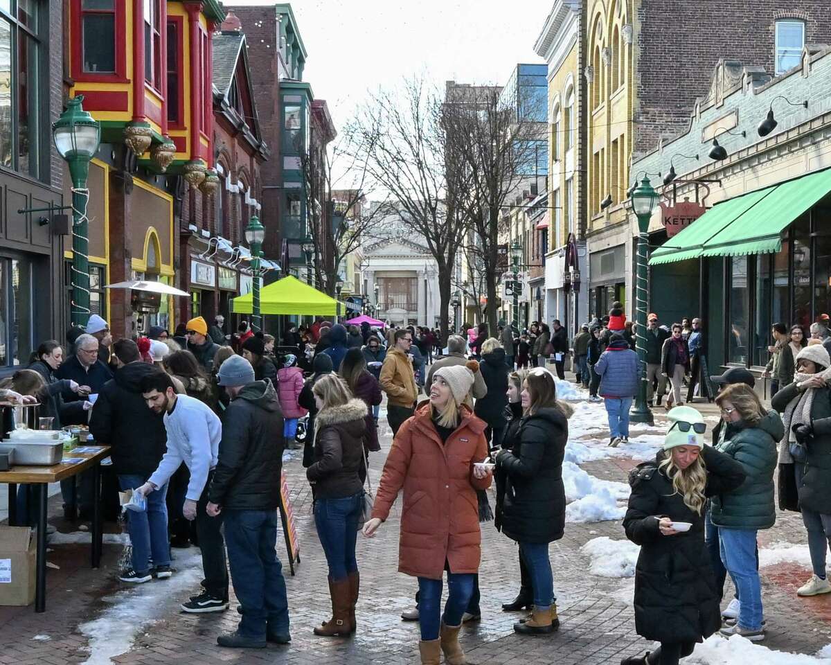 Jay Street was packed with people waiting to get samples of soup during the Schenectady Soup Stroll held at various restaurants throughout downtown on Saturday, Jan. 28, 2023, in Schenectady, NY.