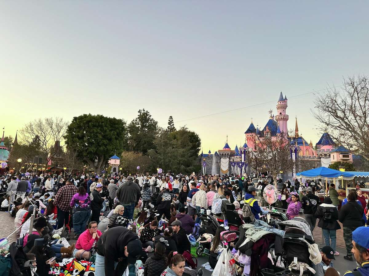 A crowd gathers at 5:30 p.m. Friday in front of Sleeping Beauty Castle. 
