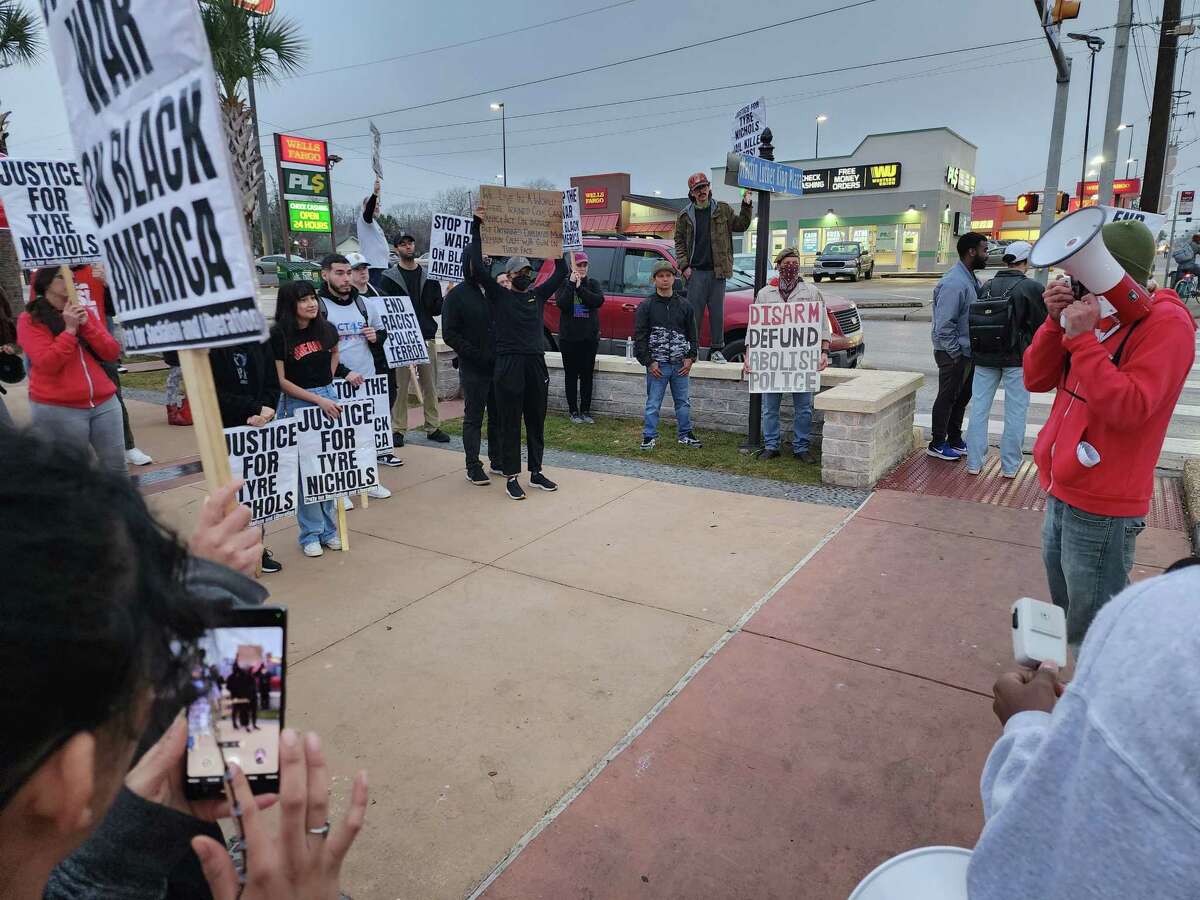 Dozens gather Saturday, Jan. 28, 2023, at Martin Luther King Jr. Park in East San Antonio to protest the death of Tyre Nichols at the hands of Memphis police officers.