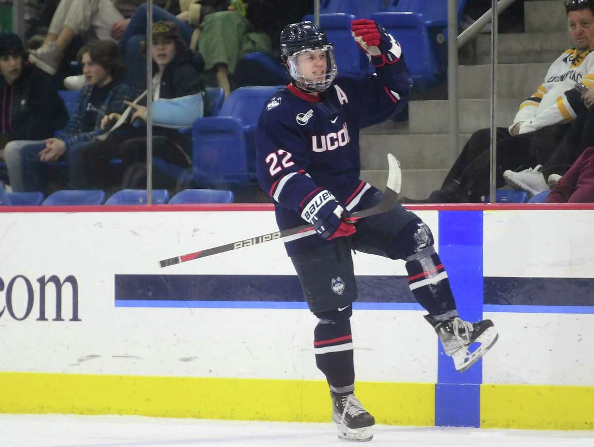 UCONN's Hudson Schandor celebrates a go ahead second period goal in their game versus Quinnipiac in the finals of the annual Connecticut Ice college hockey tournament at Quinnipiac University in Hamden, Conn. on Friday, January 27, 2023.
