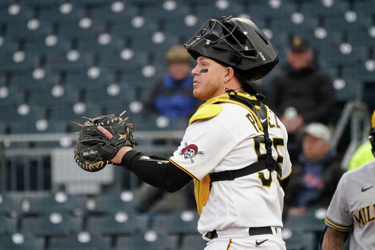 Pittsburgh Pirates catcher Roberto Perez plays against the Milwaukee Brewers in a baseball game, Tuesday, April 26, 2022, in Pittsburgh. (AP Photo/Keith Srakocic)