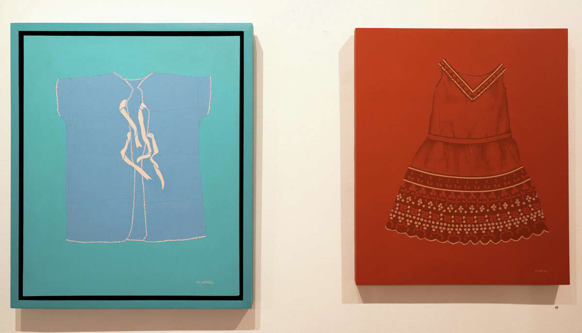 "Baby's Hat," 2020-22 and "The Red Dress," 2020 (acrylic on wood panel) from Fern Apfel's exhibit at the Art Center of the Capital Region in Troy. 