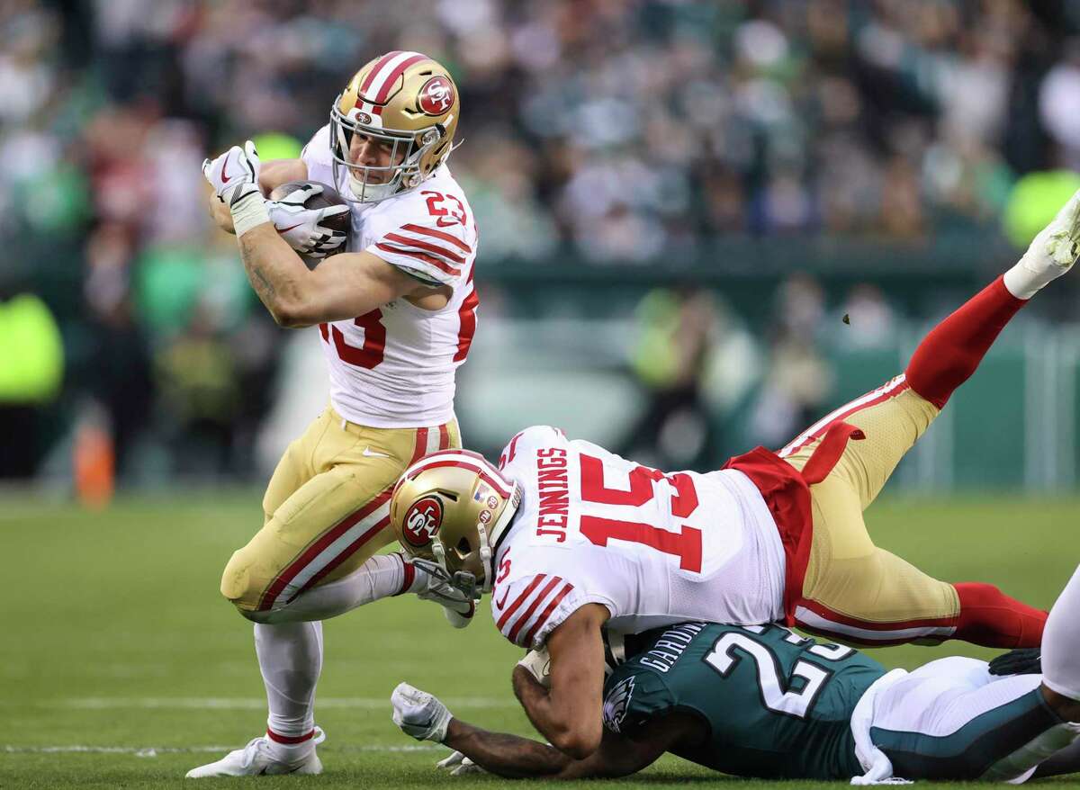 San Francisco 49ers' running back Christian McCaffrey, 23, runs for a touchdown in the second quarter during the NFC Championship Game at Lincoln Financial Field in Philadelphia, Pa., on Sunday, Jan. 29, 2023.