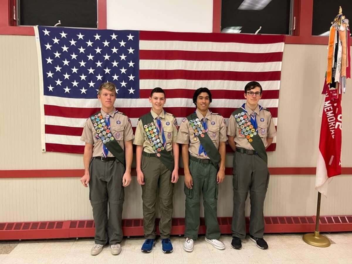 New Eagle Scouts from Darien, from left, Pace Flaherty, Connor Blenke, Khrystos Yica-Nacarino and Christopher Cope. 