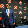 Dana Brown smiles as he waits to leave the stage following a news conference after being hired as the Astros general manager Thursday, Jan. 26, 2023, in Houston. Brown replaces James Click, who was not given a new contract and parted ways with the Astros just days after they won the World Series. (AP Photo/David J. Phillip)