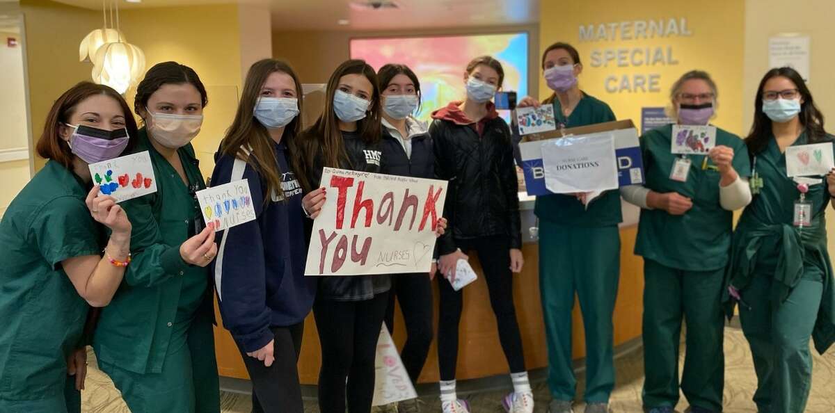 Hillcrest Middle School eighth graders recently collected donations to create gift bags that they delivered to nurses at Yale New Haven Hospital.
