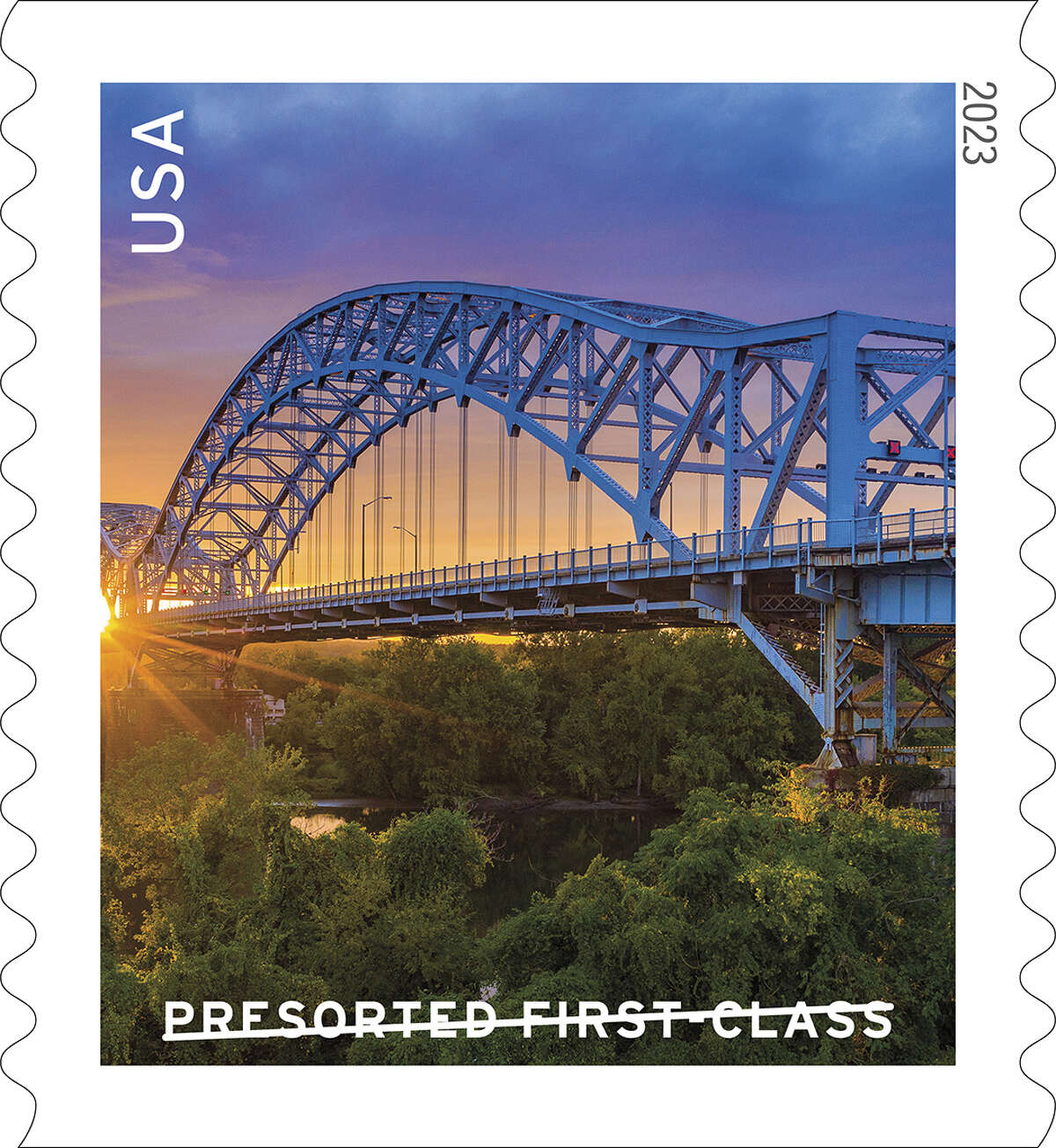 The Arrigoni Bridge, which runs over the Connecticut River and connects Portland and Middletown, is the subject of a new postal stamp.