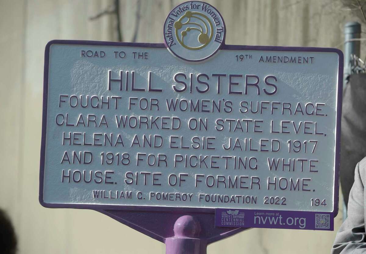Norwalk Mayor Harry Rilling, Secretary of the State Stephanie Thomas, and members of Norwalk's state delegation, and community and nonprofit leaders unveiled a plaque in a ceremony honoring the Hill sisters of Norwalk, Clara, Elsie, and Helena, who were leaders in the CT and national suffrage movement. Monday, January 30, 2023, Norwalk, Conn.