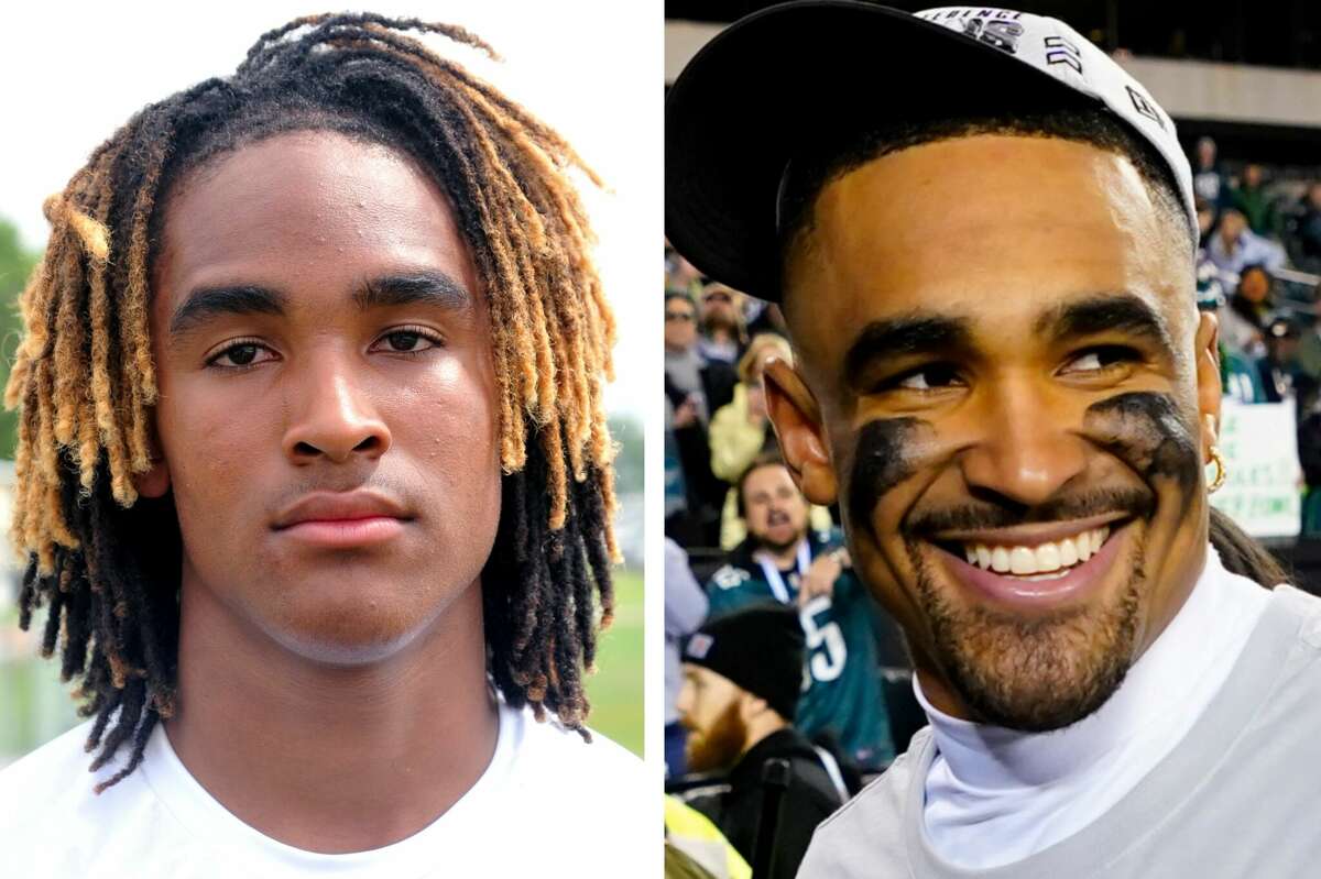 Jalen Hurts at Channelview High School in 2015 and Jalen Hurts after winning the NFC championship game with the Philadelphia Eagles on Jan. 29, 2023.