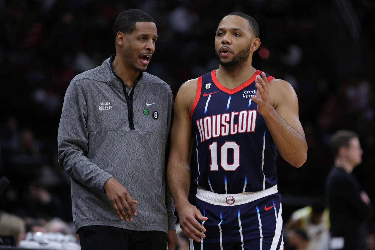 Eric Gordon #10 speaks with Stephen Silas head coach of the Houston Rockets during the first half against the Utah Jazzat Toyota Center on January 05, 2023 in Houston, Texas. (Photo by Carmen Mandato/Getty Images)