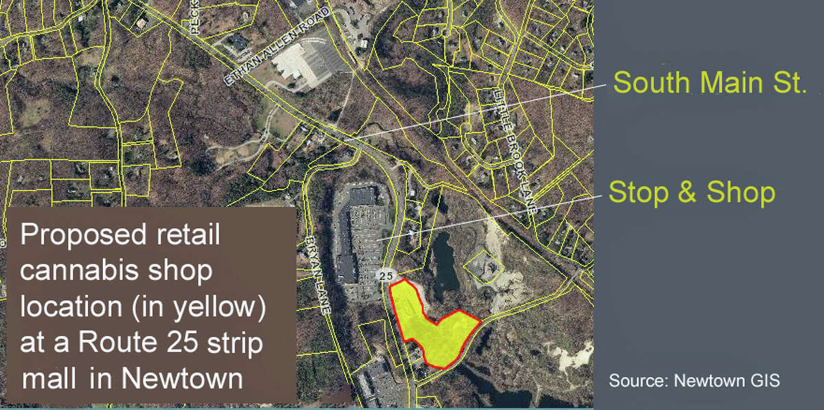 Location of a proposed retail pot shop in Newtown, which also requires a zoning amendment to permit cannabis businesses in Newtown.