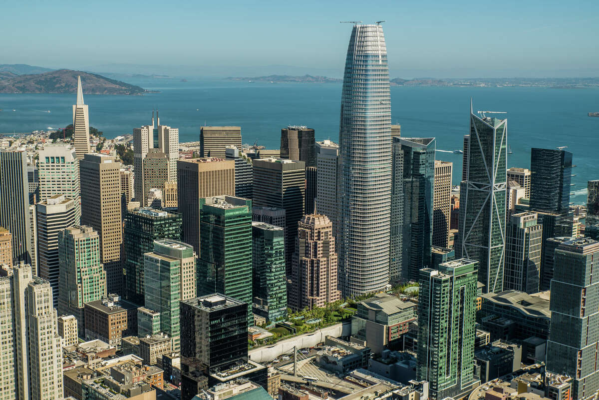 Salesforce Tower dominates the San Francisco skyline. Salesforce's stock has risen 25% since the firm announced layoffs in January.