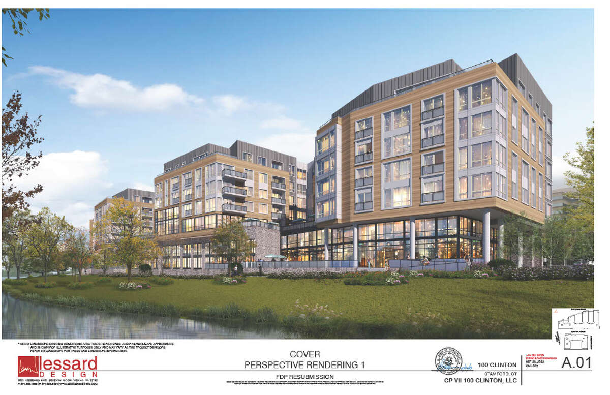 A rendering of the proposed 100 Clinton residential development, viewed from the Rippowam River. The Stamford Zoning Board is scheduled to discuss the proposed apartment complex in a public hearing Feb. 6.