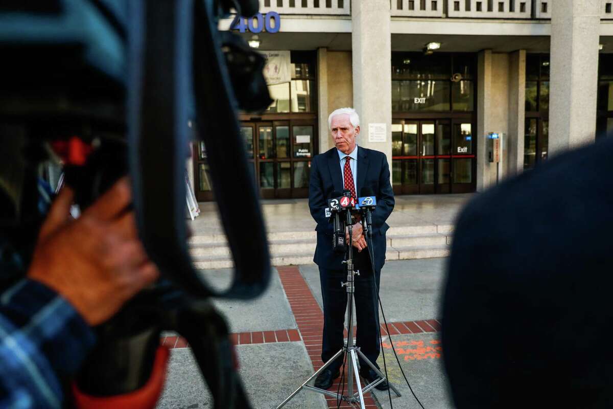 San Mateo County District Attorney Steve Wagstaffe gives a press conference after Dharmesh Patel’s arraignment in Redwood City, Calif., on Monday, Jan. 30, 2023. Patel, who drove a Tesla over a cliff with his two children and wife in the car is being charged with attempted murder.