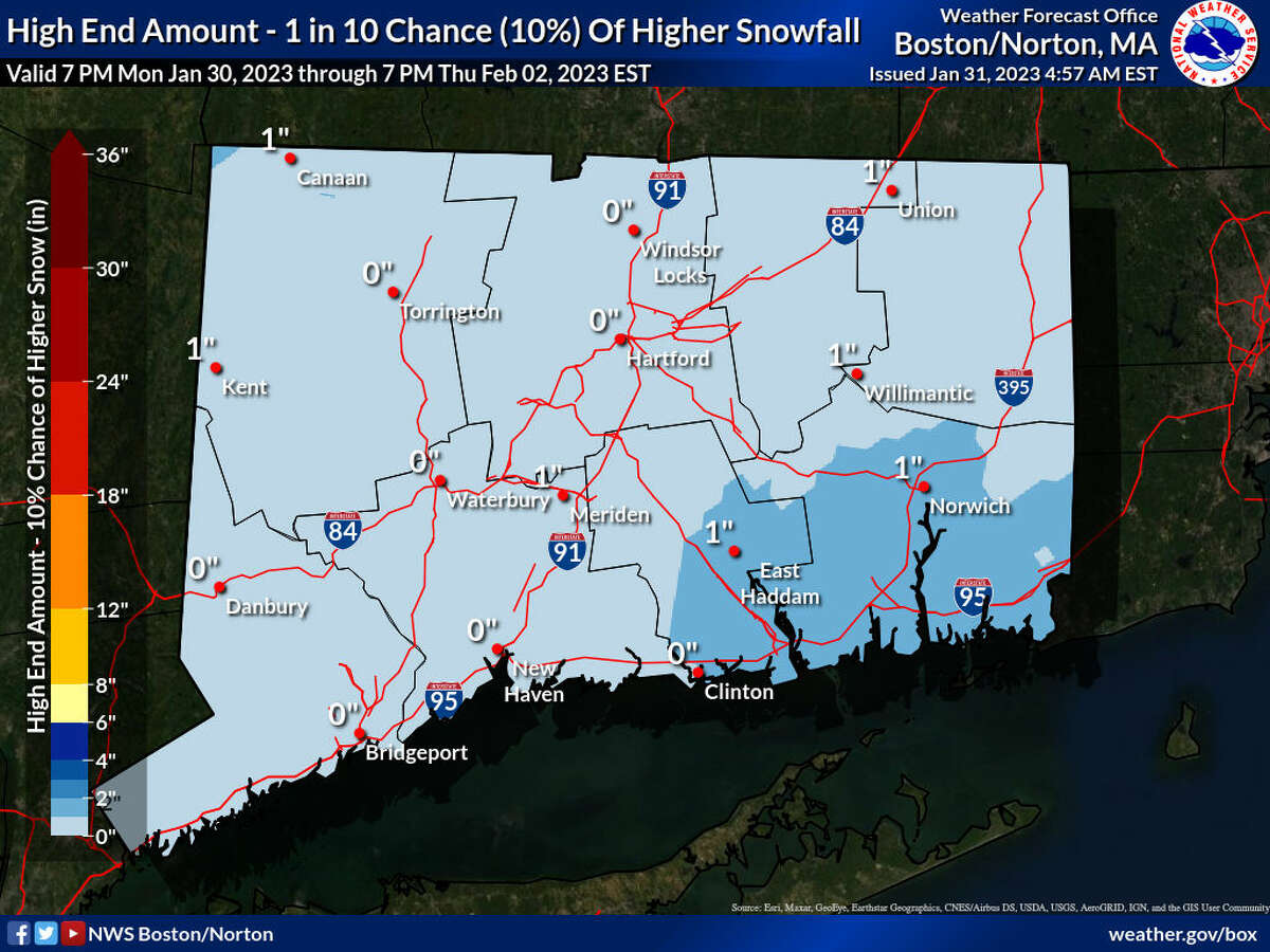 Up to an inch of snow could fall on part of southeastern Connecticut Tuesday morning, but chances are slim. 