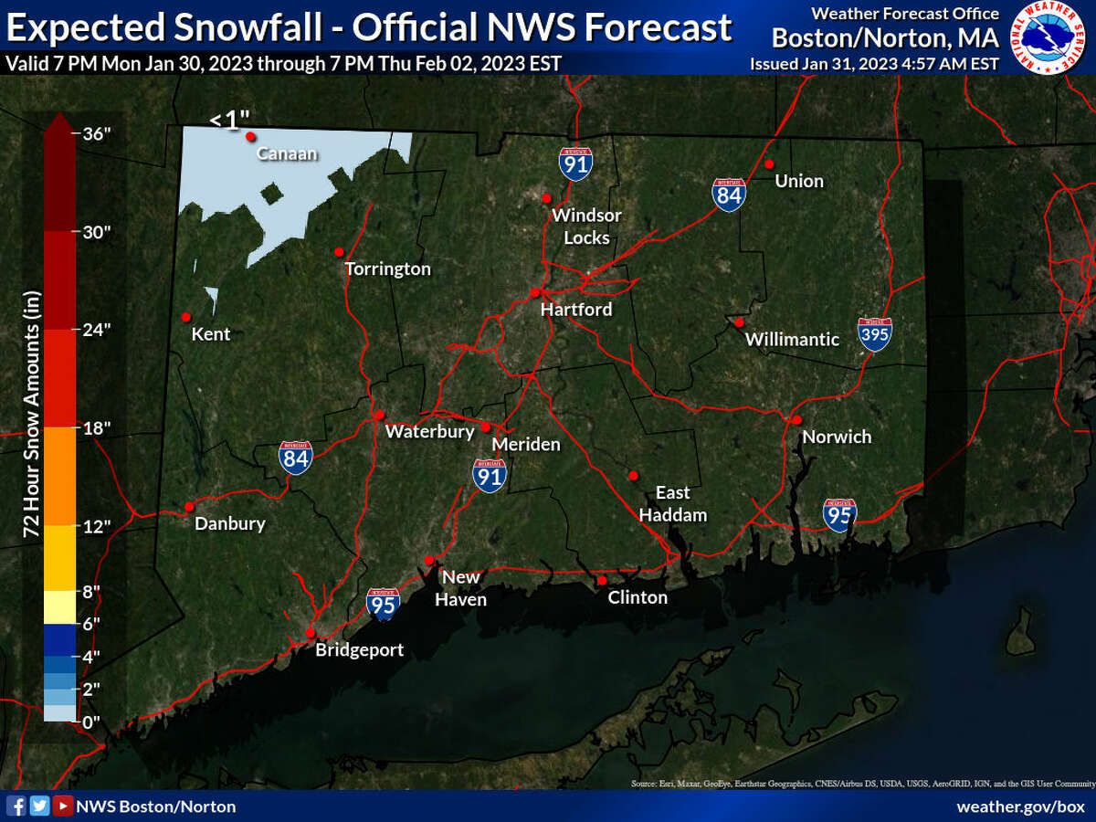 Expected snowfall Tuesday morning in Connecticut, according to the National Weather Service's Boston office.