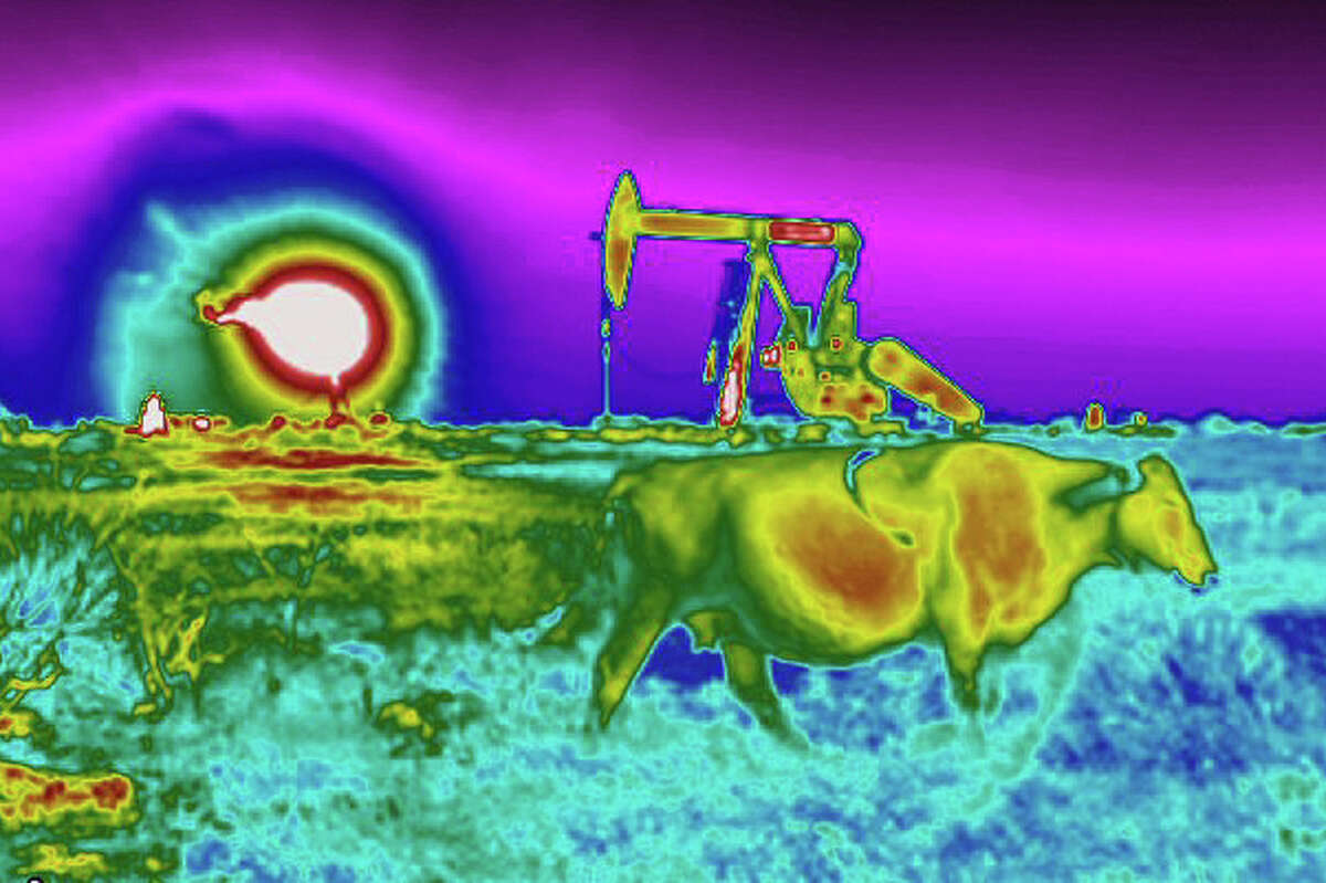FILE - In this photo made with an Optical Gas Imaging thermal camera, a plume of heat from a flare burning off methane and other hydrocarbons is detected in the background next to an oil pumpjack as a cow walks through a field in the Permian Basin in Jal, N.M., Thursday, Oct. 14, 2021. Under the Biden administration's Inflation Reduction Act, companies must start producing precise measurements of their methane emissions next year or face fines. .