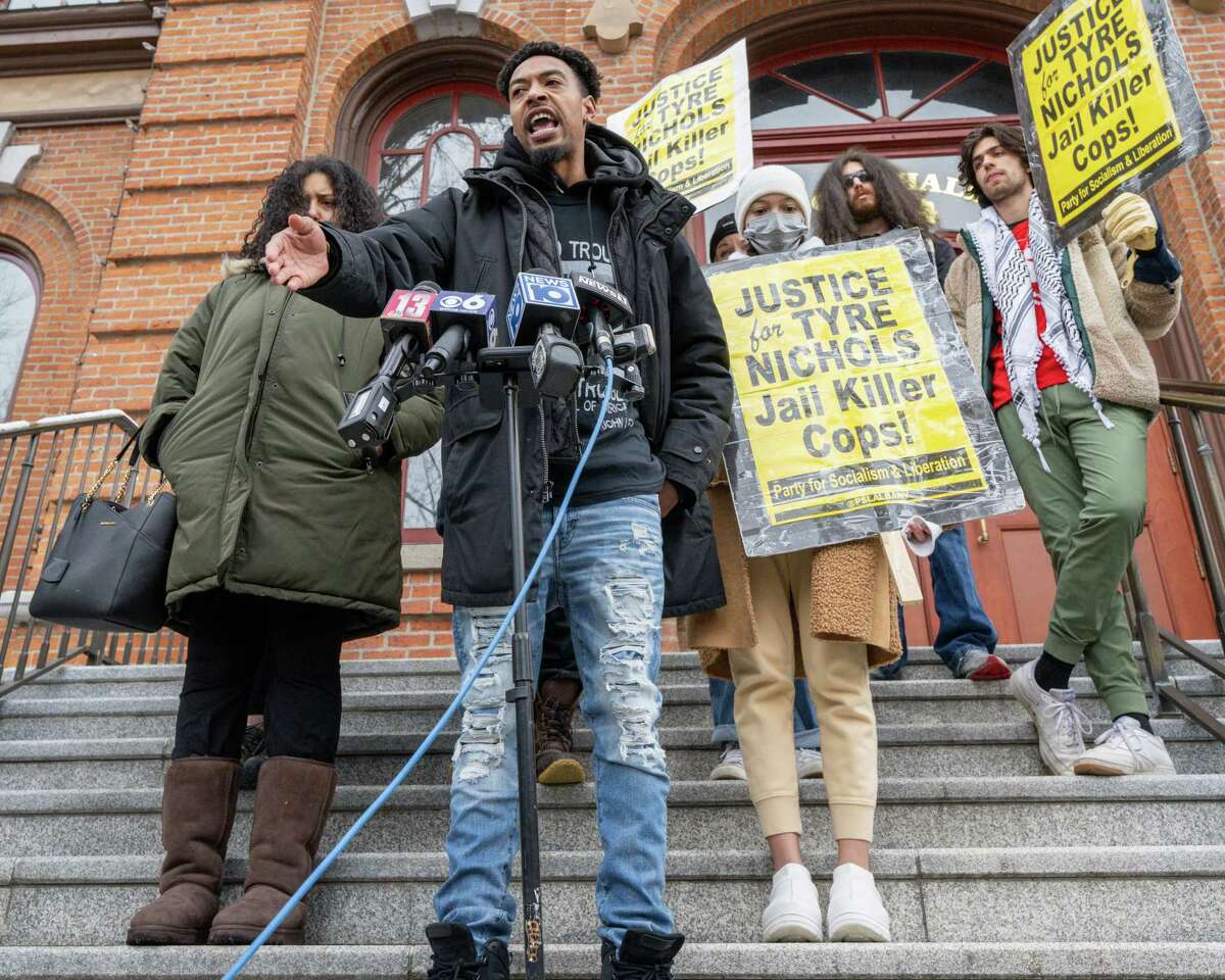 Saratoga Black Lives Matter leader Lexis Figuereo speaks during a press conference in front of Saratoga City Hall on Tuesday, Jan. 31, 2023, in Saratoga, NY. Figuereo and allies have vowed to fight for all measures in the city's 50-point plan for police reform.